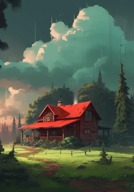 A house in the forest with a red roof