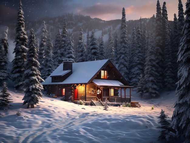 Дом в лесу со снегом
