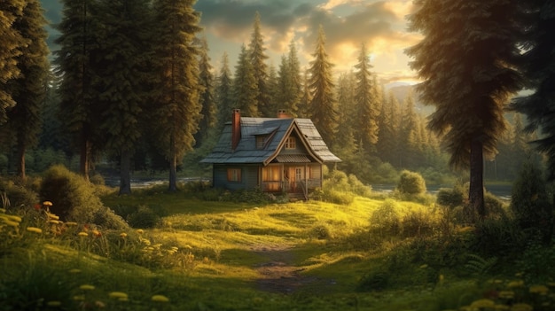 A house in the forest with a sunset in the background