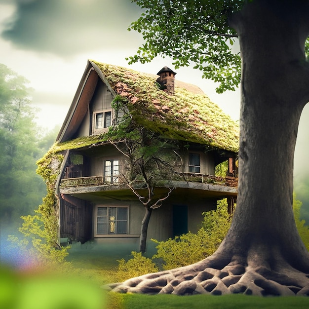 A house in the forest with a tree growing out of it