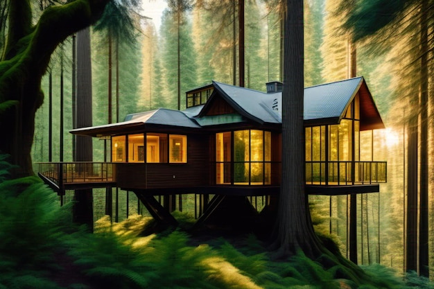 A house in the forest with a tree in the middle