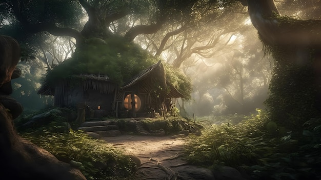 A house in the forest with the tree trunks on the left