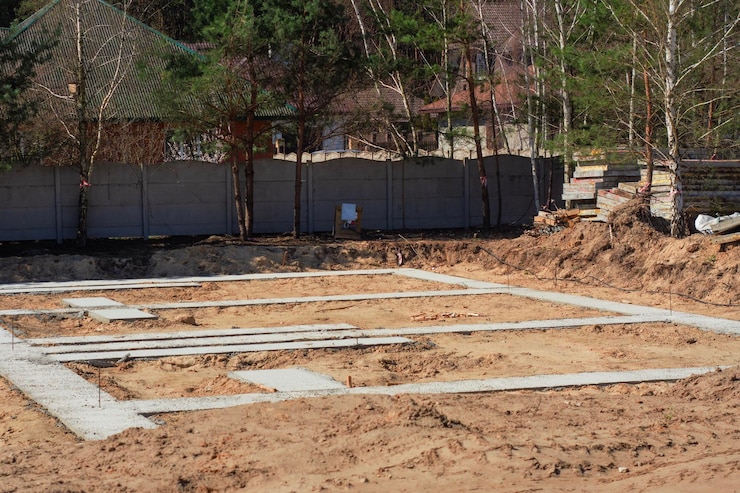 A house foundation under construction surrounded by forest and nearby houses