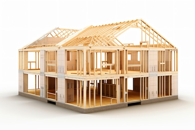 Фото Модель каркаса дома деревянная конструкция дома на белом фоне
