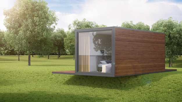 House from a construction transport container sheathed by boards against the background of nature. 3D rendering.