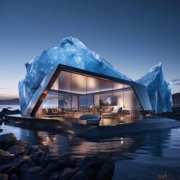 Foto una casa del futuro costruita su un iceberg in anartide casa innovativa per vivere il futuro all'interno di un iceberg antartico progettazione sostenibile e isolamento nella natura ghiacciata