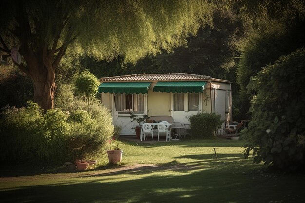 A house in the garden with a green awning and a white tablecloth.