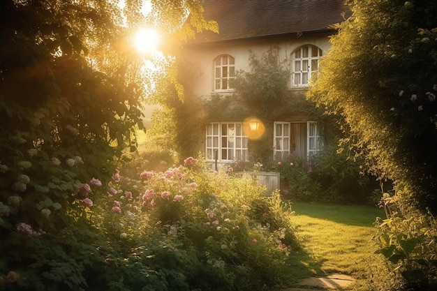 A house in the garden with the sun shining through the trees