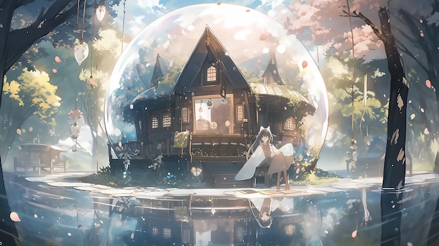 A house in a glass ball with a tree in the background