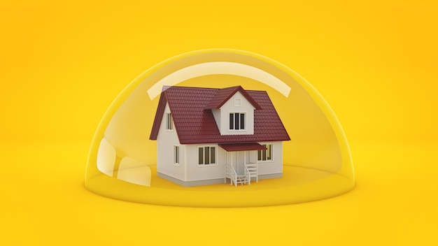 Foto casa sotto un rendering 3d di concetto di protezione scudo di vetro