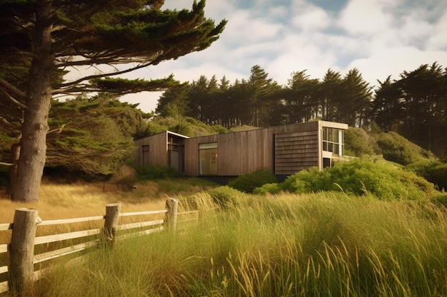 A house in the grass with a fence in the foreground.