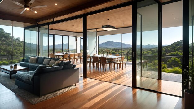 The house has a glass wall that has a view of the mountains.