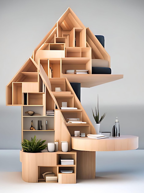 The house has a minimalist multistorey building model with stairs leading to the top
