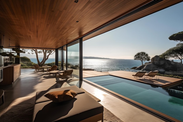 The house has a pool and a view of the ocean.