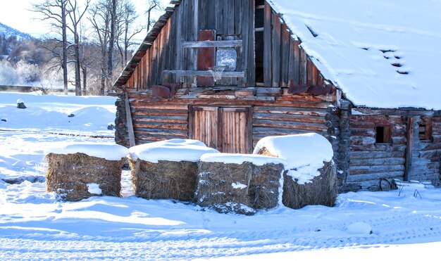 House and hay on the farm in winter