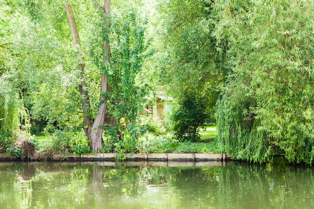 Дом спрятан в растительности деревьев и цветов на краю канала летом.
