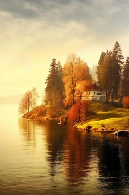 A house on a hill by the lake