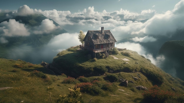 Foto una casa su una collina tra le nuvole