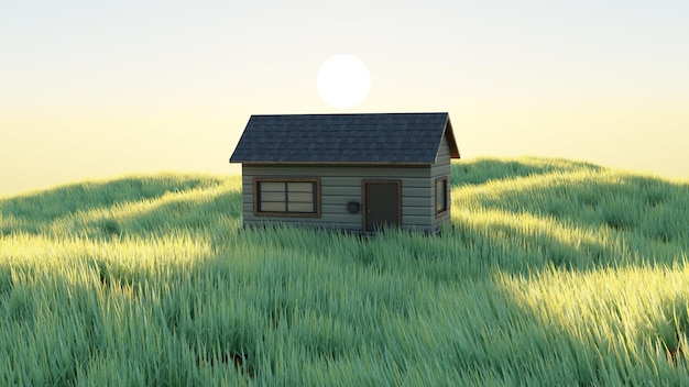 House on the hill cute house on grass 3d objects view 3d view of landscape