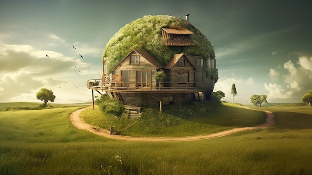 The house on the hill is made of wood and has a green roof