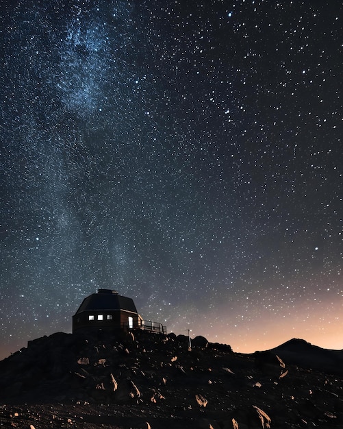 a house on a hill under a night sky filled with stars