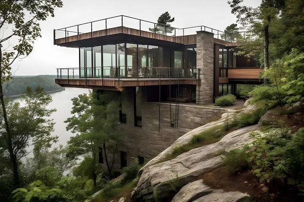 A house on a hill overlooking a lake