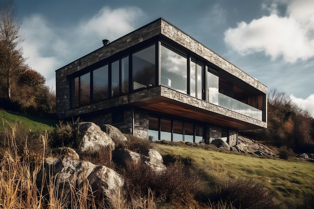 A house on a hill with a blue sky in the background