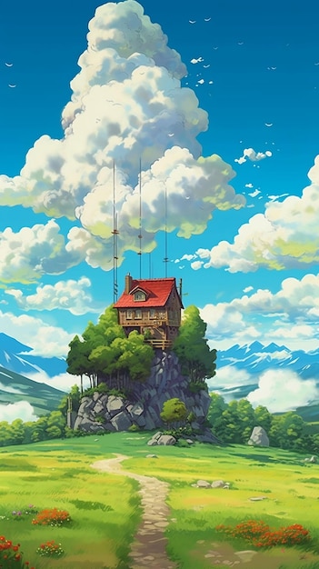 背景に雲のある丘の上の家