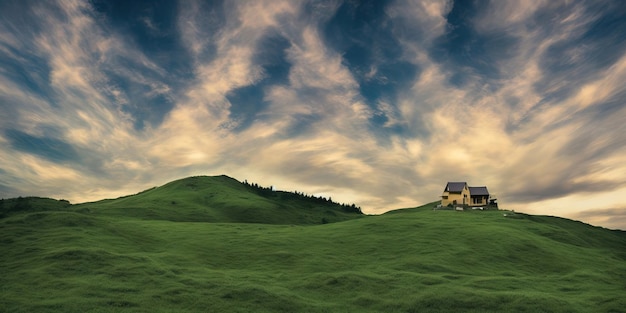 A house on a hill with a cloudy sky in the background