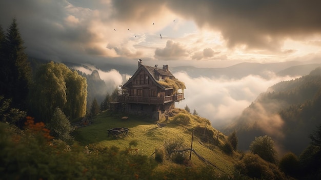 A house on a hill with a cloudy sky