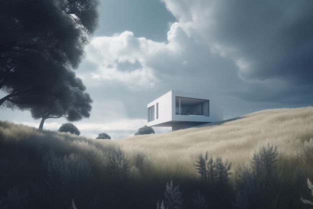 A house on a hill with a cloudy sky