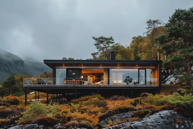 A house on a hill with a deck in the foreground