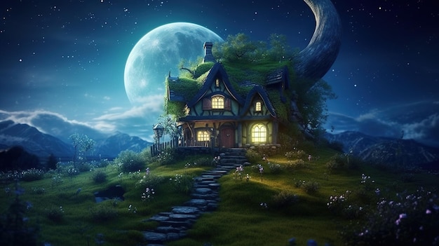 A house on a hill with a full moon in the background.