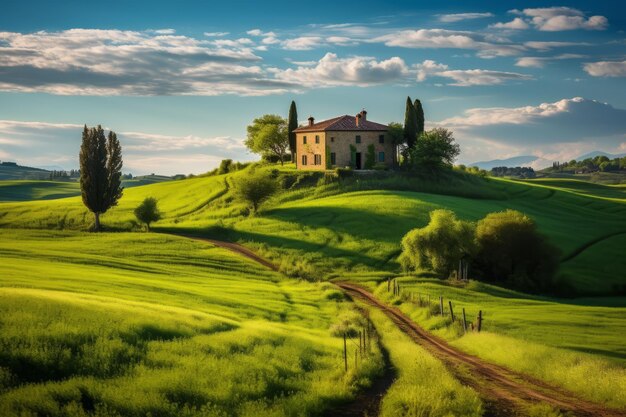 Foto una casa su una collina con un campo verde e un cielo con le nuvole