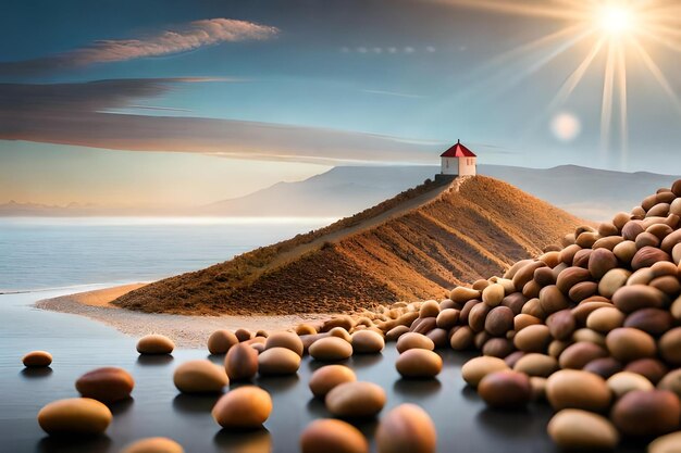 A house on a hill with a house on the top of it