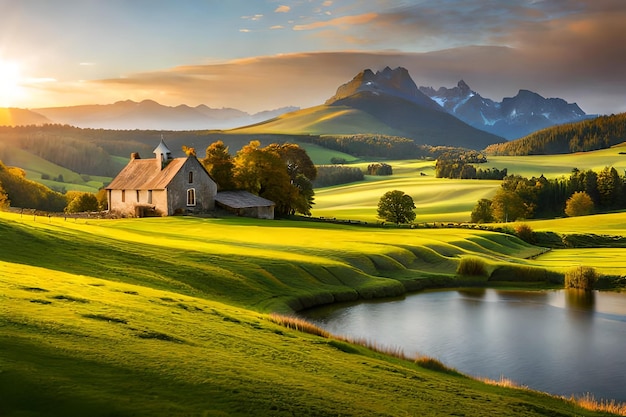 A house on a hill with a lake and mountains in the background