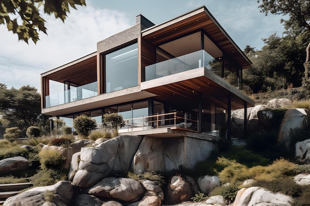 A house on a hill with a large window and a balcony.