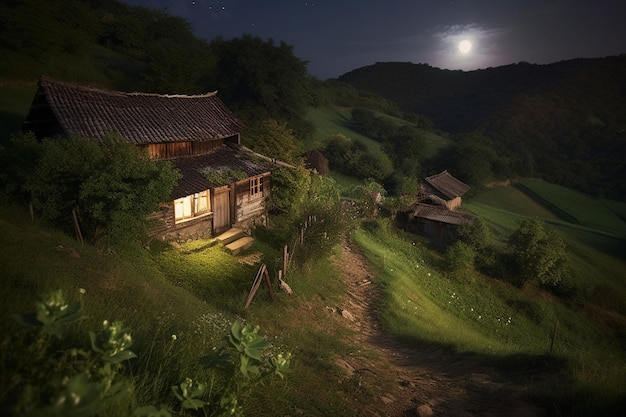 A house on a hill with the moon in the background