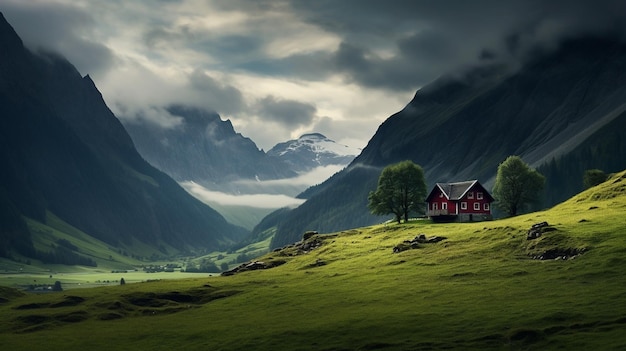 A house on a hill with a mountain in the background.