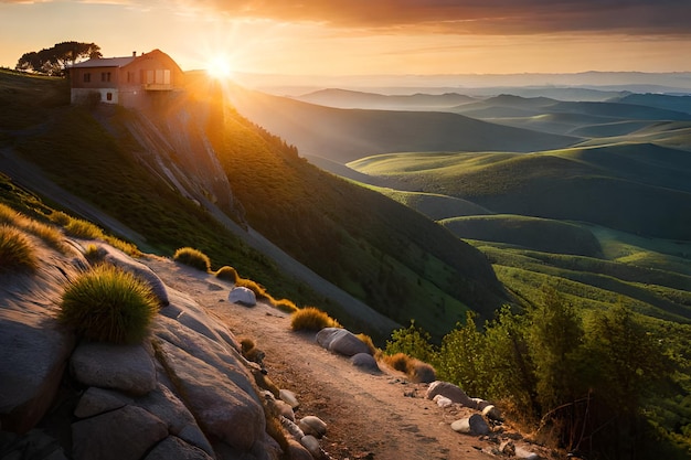 A house on a hill with the sun setting behind it