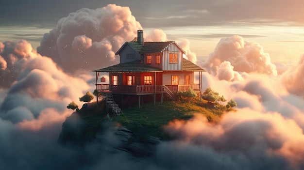 A house on a hill with the sun shining on the clouds