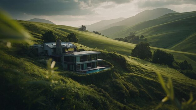 Foto una casa su una collina con vista sulle montagne concetto di giorno della terra