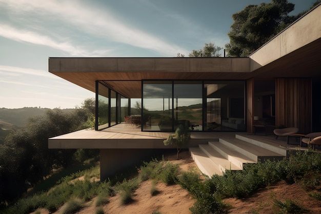 A house on a hill with a view of the mountains