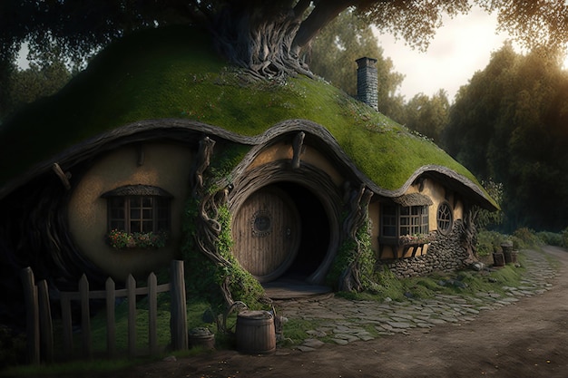 House of the hobbit hole Fantasy Village Shire houses with round doors and windows The fabulous landscape of the Lord of the Rings at sunset 3d illustration