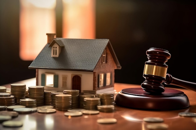 미니어처 및 법률 의사봉 및 돈 생성 AI를 사용한 주택 또는 가정법 문제