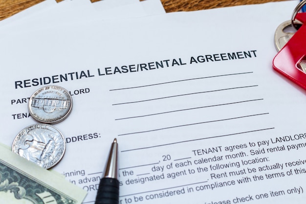 House, home, property, real estate lease rental contract agreement pen money coins