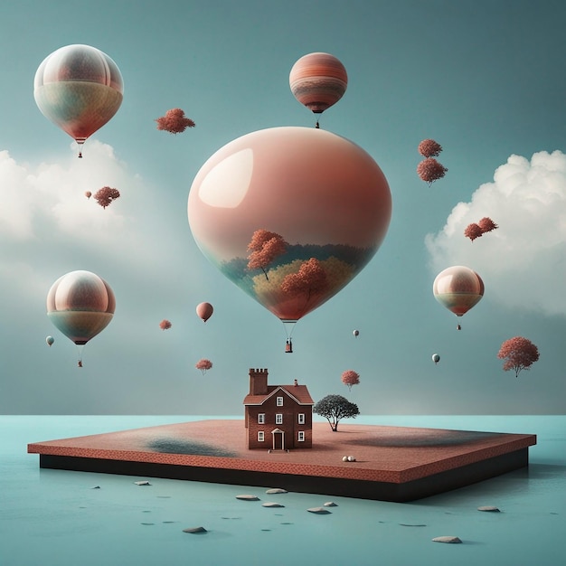 House in hot air balloon floating in the sky 3D rendering