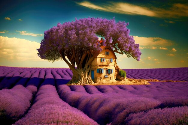 House under huge tree on flowering lavanda field