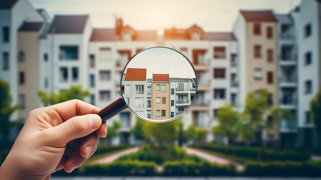 Foto lente d'ingrandimento per la caccia alla casa che esamina la proprietà residenziale