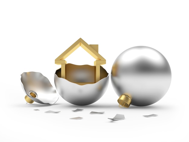 House icon in a broken silver Christmas ball and a whole ball nearby